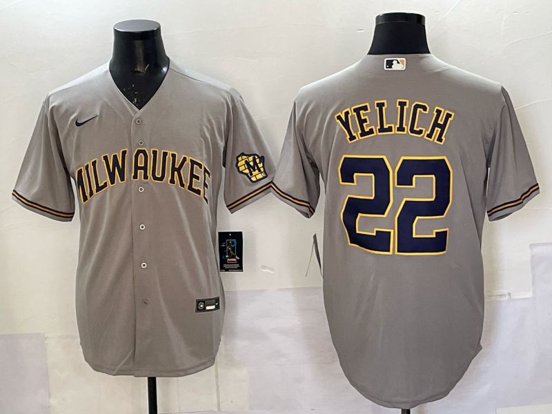 Men 2025 Milwaukee Brewers #22 Yelich Grey Nike MLB Jersey style 061
